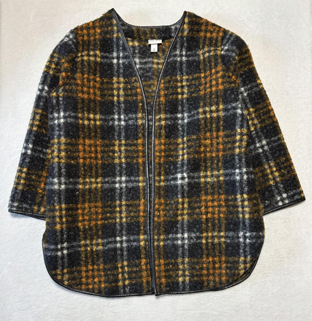 AVA & VIV Jacket Womens 1X Orange Gray Plaid Open Front Pockets Coatigan Trim
